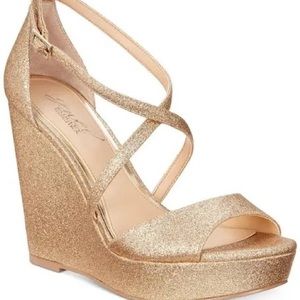 Jewel Badgley Mischka "Averie" Gold Sparkle Platform Wedge Sandal Heels 7
